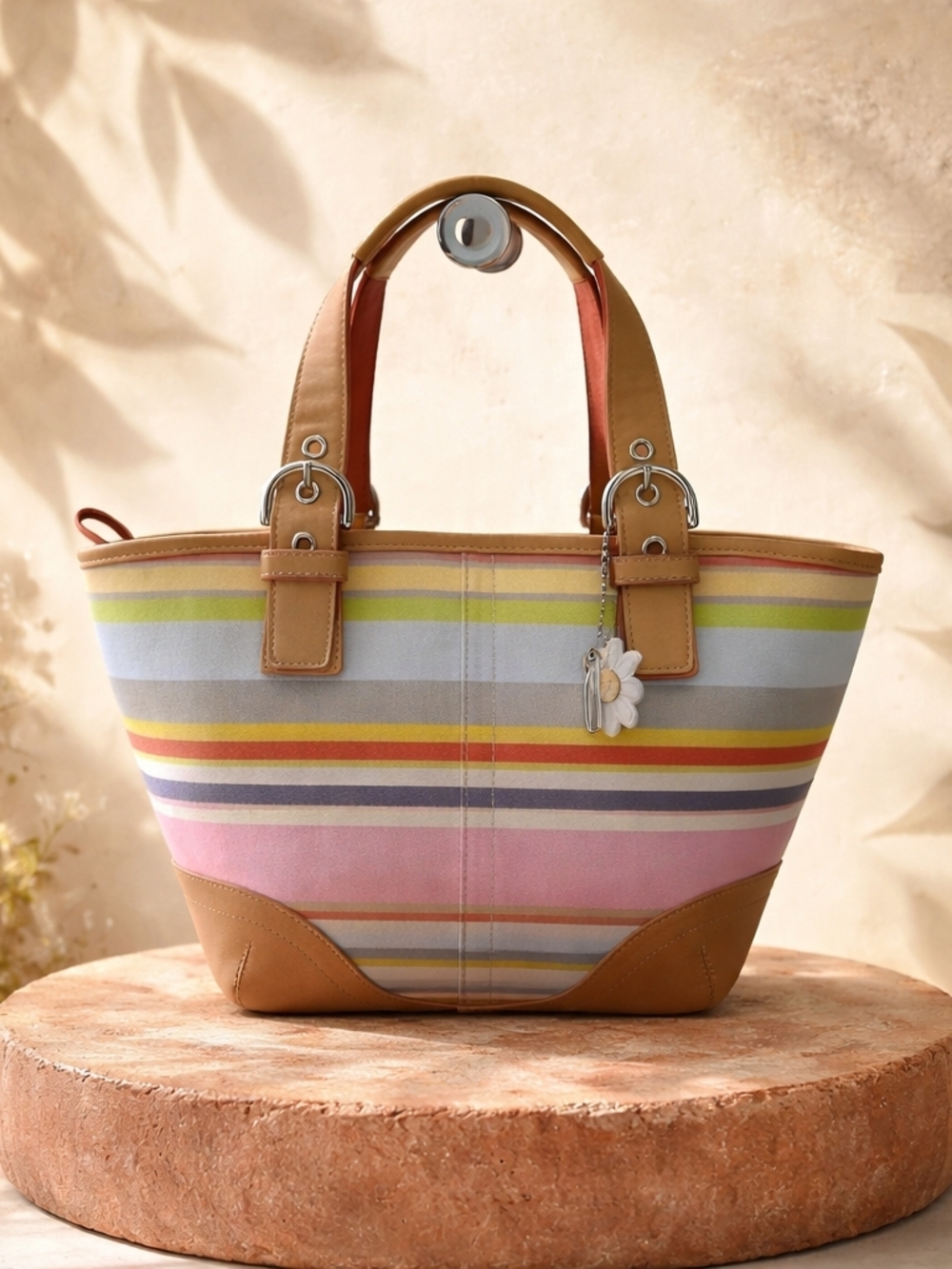 Coach Y2K Multicolor Striped Canvas Tote with Daisy Charm